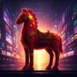 A striking visual of a red Trojan horse wrapped in the Chinese flag, symbolizing TikTok's influence and presence. The horse should be intricately designed with ornate details, showcasing a mix of traditional Chinese art and modern digital aesthetics. The background is a vibrant cityscape filled with neon lights and elements of social media, capturing the essence of a bustling digital age. The scene should have a surreal, almost dream-like quality, with cinematic lighting that highlights the textures of the horse and the flowing flag. Incorporate elements like urban graffiti and holographic displays to enhance the cyberpunk vibe, creating a captivating commentary on technology and culture. Trending on ArtStation, this digital artwork should be hyper-detailed and visually engaging, appealing to both art enthusiasts and social media users alike.