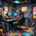 Create a vibrant and satirical digital illustration that captures the essence of Scott DeLong, the accidental media mogul, in his rural Ohio home. The scene should depict him sitting at a cluttered desk surrounded by tech gadgets and stacks of humorous headlines. In the background, through a window, a snow-covered cornfield stretches out, contrasting the high-tech world he's inadvertently tapped into. Incorporate elements of cyberpunk and Americana, blending traditional rural motifs with modern tech aesthetics. Visual metaphors like drones delivering toast can hover in the air, while exaggerated, whimsical headlines float around him like thought bubbles. Use a colorful, dynamic color palette with neon accents to reflect the absurdity of the tech world juxtaposed with DeLong's humble beginnings. Emphasize a sense of irony and humor in the composition, capturing the spirit of a man who unintentionally became a blueprint for a new wave of satirical tech journalism.