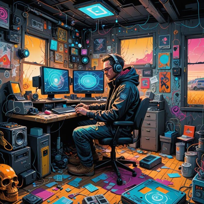 Create a vibrant and satirical digital illustration that captures the essence of Scott DeLong, the accidental media mogul, in his rural Ohio home. The scene should depict him sitting at a cluttered desk surrounded by tech gadgets and stacks of humorous headlines. In the background, through a window, a snow-covered cornfield stretches out, contrasting the high-tech world he's inadvertently tapped into. Incorporate elements of cyberpunk and Americana, blending traditional rural motifs with modern tech aesthetics. Visual metaphors like drones delivering toast can hover in the air, while exaggerated, whimsical headlines float around him like thought bubbles. Use a colorful, dynamic color palette with neon accents to reflect the absurdity of the tech world juxtaposed with DeLong's humble beginnings. Emphasize a sense of irony and humor in the composition, capturing the spirit of a man who unintentionally became a blueprint for a new wave of satirical tech journalism.