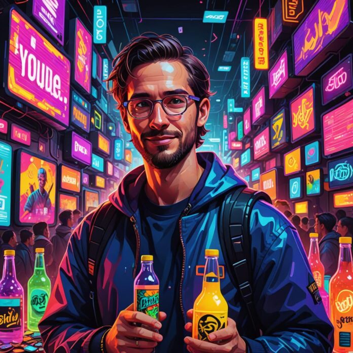 A visually striking and satirical illustration representing "The Digital Snake Oil Revolution." The scene features a charismatic YouTube guru at the center, surrounded by a chaotic market setting filled with colorful digital screens showcasing flashy thumbnails and exaggerated claims. The guru, dressed in an over-the-top outfit, holds a bottle labeled "Snake Oil," embellished with dollar signs and social media icons. In the background, a crowd of diverse followers eagerly watches, some with expressions of awe and others showing skepticism. Piles of cash and empty wallets litter the ground, symbolizing the financial drain. Neon lights and glitch effects create a cyberpunk aesthetic, enhancing the digital theme. The overall tone is both humorous and critical, reflecting the absurdity of the industry, with a vibrant color palette that draws the viewer in. Hyper-detailed elements, such as the guru's confident smile and the intricate designs on the screens, add depth to the piece, making it a thought-provoking commentary on modern consumer culture.