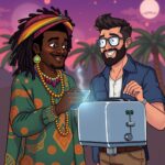 An image of an African Tech Startup founder vs American Tech Startup founder with a blockchain powered toaster