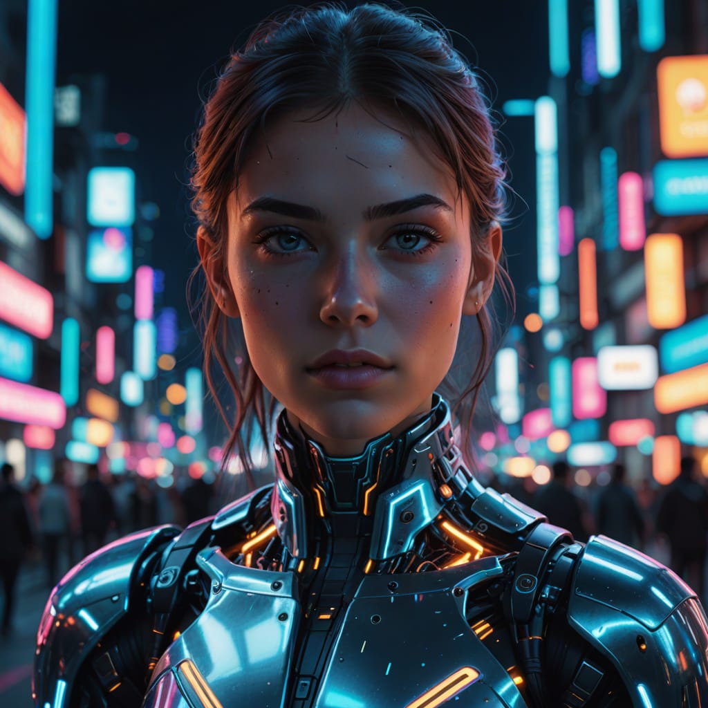 A striking portrait of a half-human, half-machine character, showcasing a seamless blend of organic and mechanical elements. The human side features intricate facial expressions and detailed skin textures, while the machine side incorporates sleek metallic surfaces, glowing circuitry, and advanced robotic features. The background should be a futuristic cityscape, illuminated by neon lights and digital holograms, enhancing the cybernetic theme. The lighting is dramatic, highlighting the contrast between the organic and mechanical aspects. The artwork should be hyper-detailed, capturing the nuances of both halves, and trending in digital art communities like ArtStation.