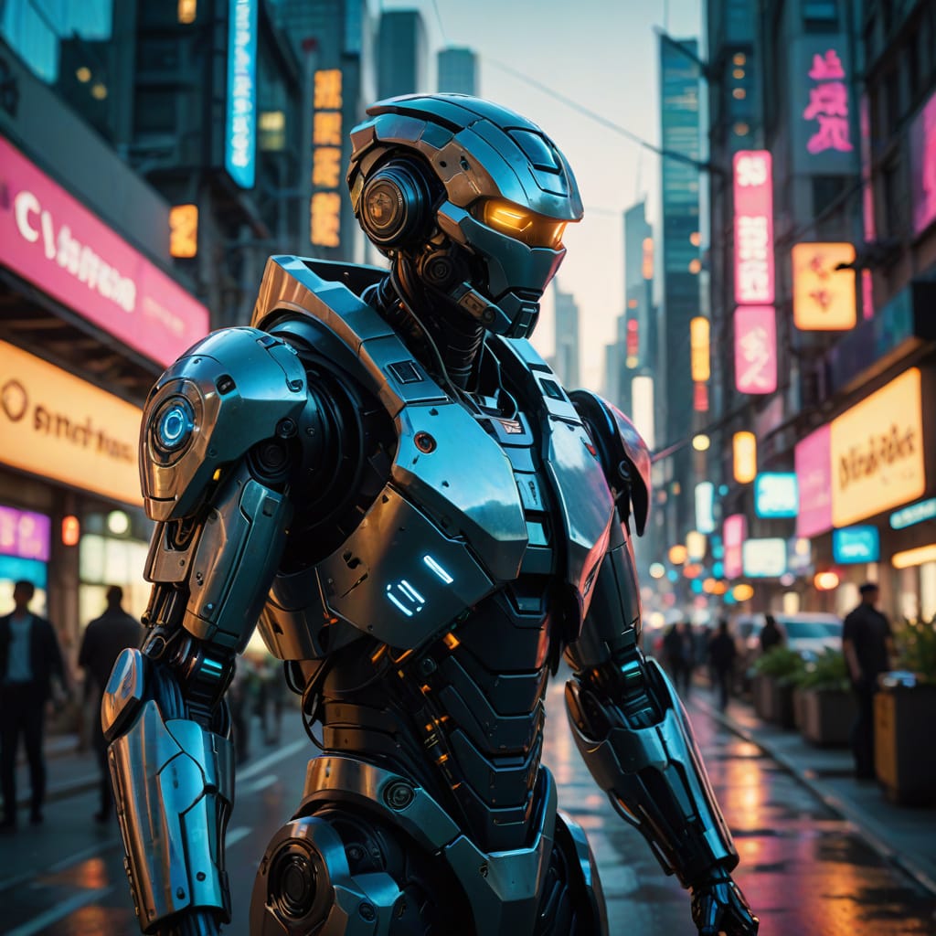 A dramatic scene depicting the Artificial General Intelligence (AGI) Revolution. Imagine a futuristic cityscape with towering skyscrapers illuminated by neon lights, where humans and advanced humanoid robots coexist amidst chaos and excitement. The foreground features an AGI interface glowing with intricate patterns, symbolizing its awakening, while in the background, a group of diverse individuals—scientists, activists, and technologists—gather, their expressions a mix of awe and concern. The sky is filled with drones and holographic advertisements promoting AGI technologies, casting vibrant reflections on the sleek surfaces of the city. Include elements of nature, like overgrown plants reclaiming urban spaces, hinting at a struggle between technology and the environment. The overall atmosphere is charged with energy, blending elements of cyberpunk and dystopian aesthetics, with cinematic lighting highlighting the emotional intensity of this pivotal moment. This digital artwork should be hyper-detailed, showcasing the contrast between organic and synthetic elements, and capture the essence of a world on the brink of transformation.