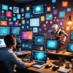 A humorous and dynamic scene featuring a frustrated human shouting into a laptop, which displays a quirky AI customer service bot on the screen. The human is depicted with exaggerated facial expressions to convey emotion, surrounded by scattered papers and coffee cups to emphasize their frustration. The laptop glows with colorful digital graphics, showcasing the AI bot's cheerful yet unhelpful demeanor. The background is cluttered with tech gadgets and a chaotic workspace, enhancing the comedic atmosphere. Bright, vivid colors with a slightly exaggerated cartoon style, capturing the essence of a relatable modern struggle with technology. High detail in the expressions, with dramatic lighting to highlight the intensity of the moment.