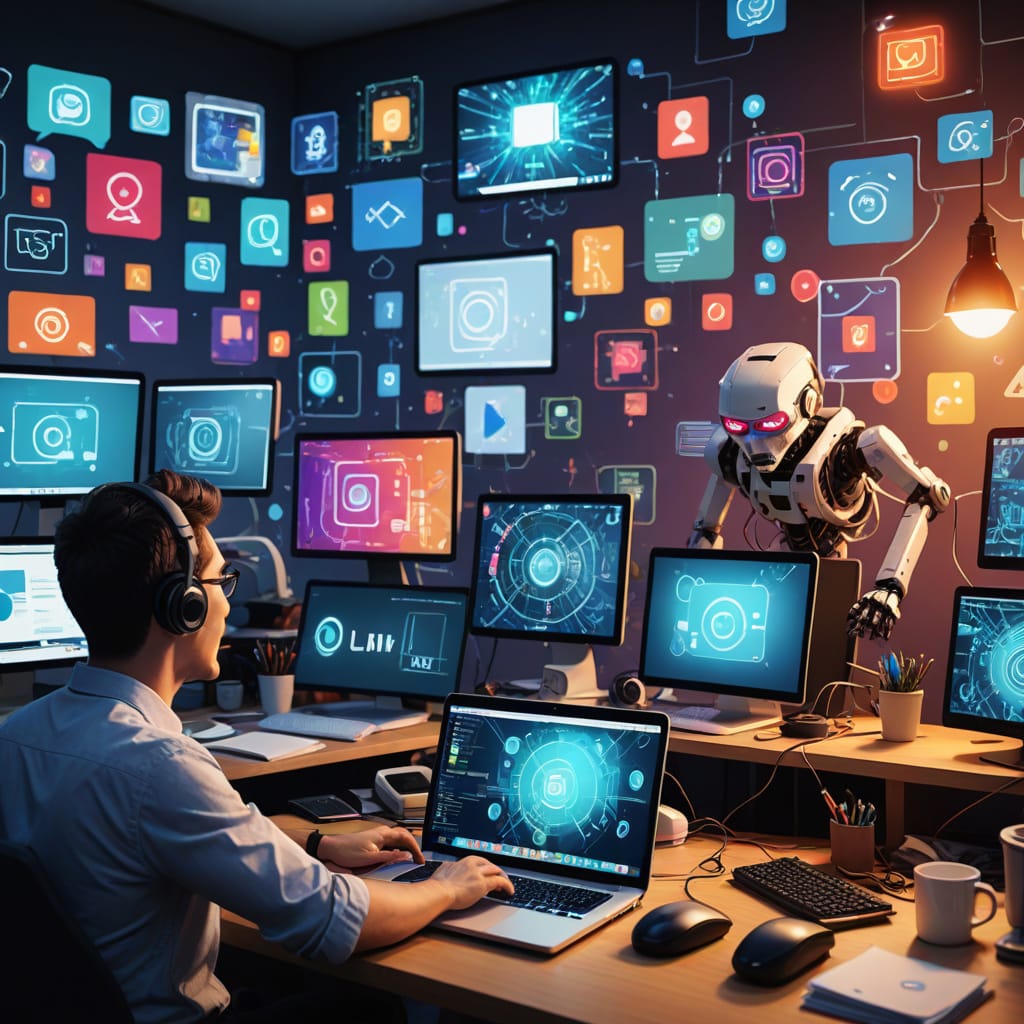 A humorous and dynamic scene featuring a frustrated human shouting into a laptop, which displays a quirky AI customer service bot on the screen. The human is depicted with exaggerated facial expressions to convey emotion, surrounded by scattered papers and coffee cups to emphasize their frustration. The laptop glows with colorful digital graphics, showcasing the AI bot's cheerful yet unhelpful demeanor. The background is cluttered with tech gadgets and a chaotic workspace, enhancing the comedic atmosphere. Bright, vivid colors with a slightly exaggerated cartoon style, capturing the essence of a relatable modern struggle with technology. High detail in the expressions, with dramatic lighting to highlight the intensity of the moment.