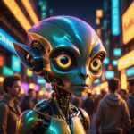 A whimsical scene featuring a cute alien with large expressive eyes and a playful demeanor, observing humans interacting with AI through their phones, computers, and robots. The alien sits on a colorful, futuristic perch, surrounded by vibrant alien flora. Humans are depicted in various poses, engaged with technology—some smiling, some puzzled, and others in awe of the AI. The background showcases a lively, neon-lit cityscape with flying vehicles and holographic advertisements. The artwork is bright and playful, capturing the curious essence of the alien as it takes notes and sketches in a holographic notebook. The style is a blend of cartoonish charm and detailed backgrounds, with warm colors emphasizing the interactions between humans and technology. Perfect for a digital art piece trending on platforms like ArtStation.