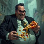 A wall street banker enjoying a pizza backed security by Klarna delivered by Deliveroo