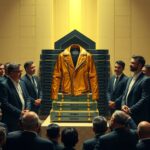 An ai generated image of Nvidia's CEO Jensen Huang leather jacket being worshipped by AI company CEOs