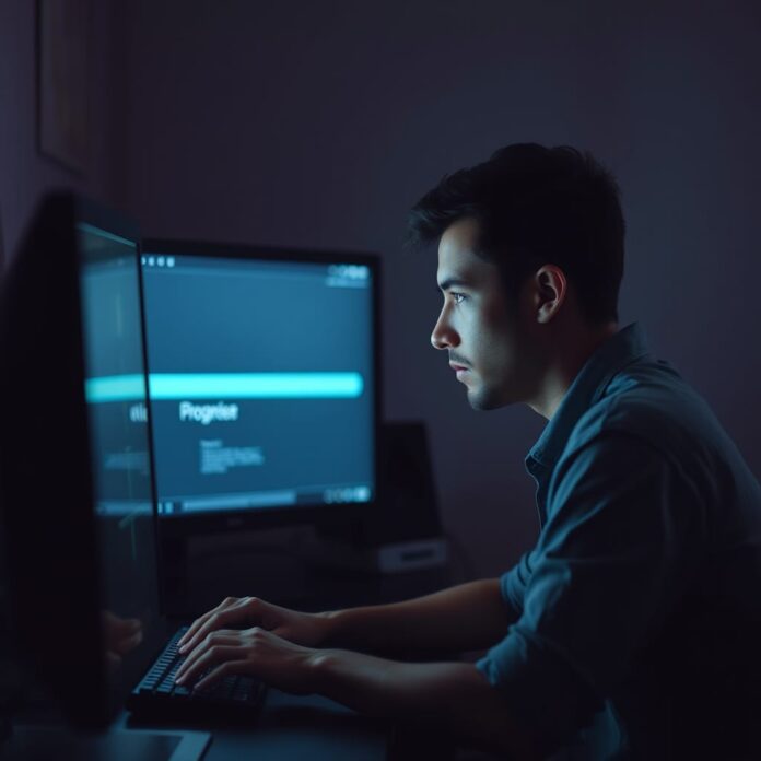 An illustration of a person on a laptop using OpenAI ChatGPT's Deep research feature