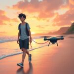 An image of a tech bro walking along the beach with their pet drone