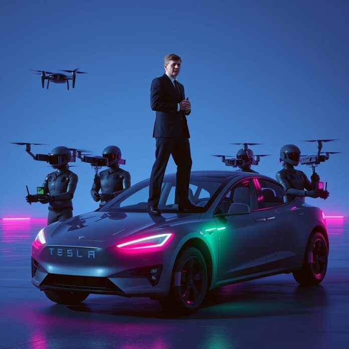 JFK standing on top of a tesla while surrounded by ai robots as body guards