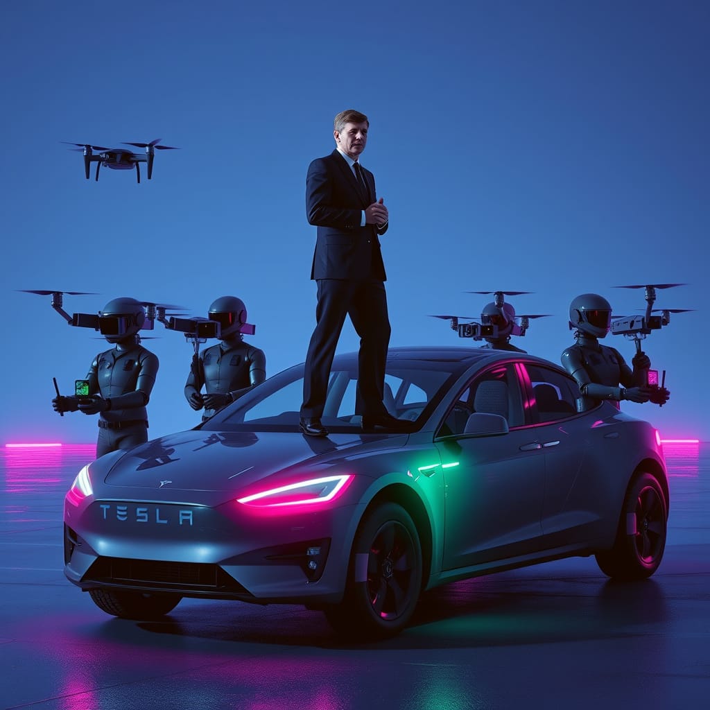 JFK standing on top of a tesla while surrounded by ai robots as body guards