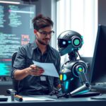 An image depicting a software developer feeding paper with questions about code to an AI chatbot instead of typing it on Stack Overflow.