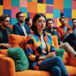 A whimsical and satirical scene featuring a young woman representing TikTok as a girl, dressed in trendy TikTok-branded clothing, sitting confidently on a plush, oversized sofa. The sofa is adorned with bright colors and social media motifs. Surrounding her are a group of American tech CEOs, depicted with exaggerated expressions of admiration and intrigue as they lean in and salivate, showcasing a humorous take on their fascination with social media culture. The background should be filled with elements of modern technology and digital aesthetics, creating a vibrant atmosphere. The lighting should be warm and inviting, highlighting her as the central figure in this playful commentary on tech culture. Hyper-detailed digital art style, with a focus on character expressions and rich textures in the clothing and setting.