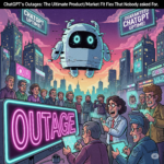 A vibrant and chaotic scene depicting a satirical interpretation of the headline "ChatGPT's Outages: The Ultimate Product/Market Fit Flex That Nobody Asked For." Imagine a whimsical landscape filled with exaggerated elements: a giant, malfunctioning chatbot floating in the air, surrounded by bewildered users with exaggerated expressions of confusion and frustration. In the foreground, a comically oversized "Outage" sign flickers with neon lights, while behind it, a group of futuristic market analysts in outlandish attire frantically scribbles notes on holographic tablets. The background showcases a surreal cityscape with glitching skyscrapers and floating ads promoting "Guaranteed ChatGPT Uptime!" The artwork should be rich in color, with a wild mix of neon tones and quirky character designs. Use sharp focus on the characters' expressions and details, capturing the absurdity of the situation, all rendered in a dynamic, cartoonish style. The overall composition should convey a sense of humor and irony, inviting viewers to reflect on the absurdity of tech culture in a satirical manner.