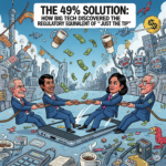A wild and surreal illustration depicting a satirical headline titled "The 49% Solution: How Big Tech Discovered the Regulatory Equivalent of 'Just the Tip.'" The artwork features exaggerated caricatures of tech CEOs and government regulators engaged in a humorous tug-of-war over a giant, oversized smartphone. The background is a chaotic blend of futuristic cityscapes, whimsical tech gadgets, and playful visual metaphors representing bureaucracy and innovation. Bright, eye-catching colors and sharp, dynamic lines enhance the absurdity of the scene. Include elements of satire like floating dollar signs, oversized coffee cups, and playful robots, creating a commentary on the relationship between big tech and regulation. The overall style should be bold and colorful, reminiscent of editorial cartoons, capturing the essence of a whimsical yet critical perspective on modern technology.