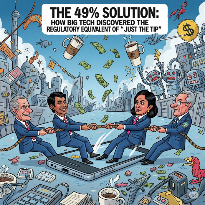 A wild and surreal illustration depicting a satirical headline titled "The 49% Solution: How Big Tech Discovered the Regulatory Equivalent of 'Just the Tip.'" The artwork features exaggerated caricatures of tech CEOs and government regulators engaged in a humorous tug-of-war over a giant, oversized smartphone. The background is a chaotic blend of futuristic cityscapes, whimsical tech gadgets, and playful visual metaphors representing bureaucracy and innovation. Bright, eye-catching colors and sharp, dynamic lines enhance the absurdity of the scene. Include elements of satire like floating dollar signs, oversized coffee cups, and playful robots, creating a commentary on the relationship between big tech and regulation. The overall style should be bold and colorful, reminiscent of editorial cartoons, capturing the essence of a whimsical yet critical perspective on modern technology.