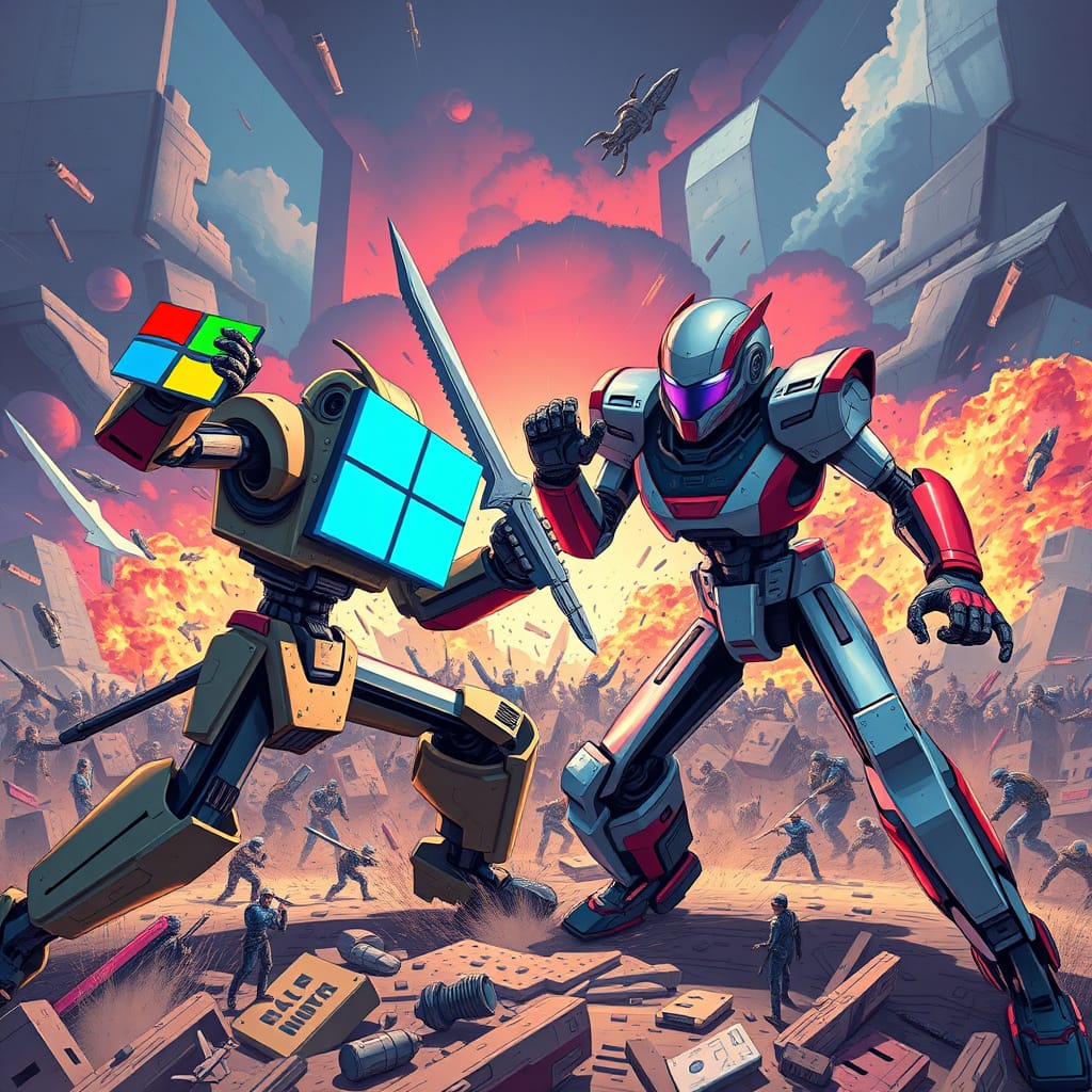 An image illustrating the funny and satirical war between Microsoft Windows OS vs Apple MacOS by TechOnion