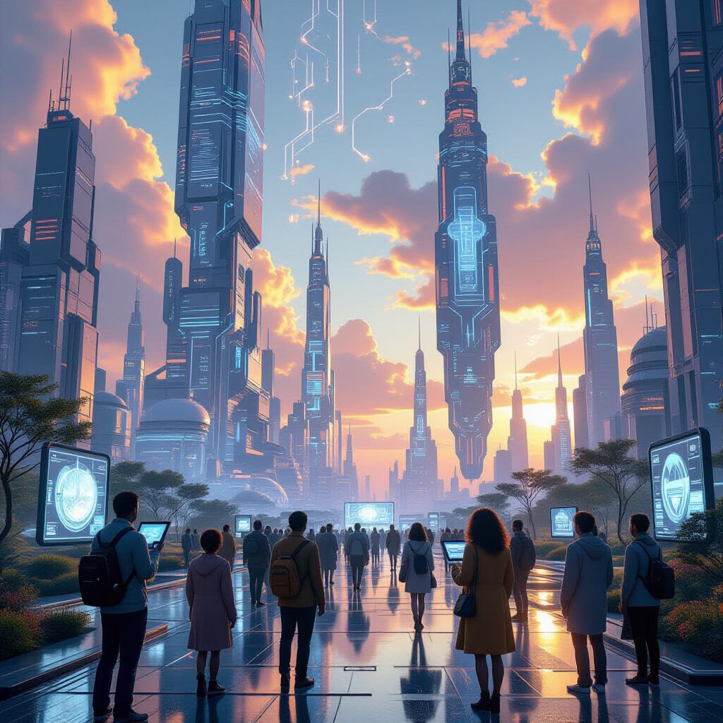 A thought-provoking illustration titled "Google Search 2025: How We Learned to Stop Worrying and Love Our Digital Overlords." The artwork features a surreal, futuristic landscape where towering digital structures resemble a blend of organic and mechanical forms, symbolizing the integration of technology and humanity. In the foreground, a diverse group of people, showcasing different cultures and ages, interact seamlessly with holographic interfaces, their expressions reflecting a mix of awe and contentment. The environment is bathed in vibrant neon colors, with floating data streams and digital symbols swirling around them, representing the omnipresence of information. The sky is a blend of warm and cool tones, with clouds shaped like circuitry, hinting at the underlying technology that governs their lives. In the background, a massive, benevolent AI figure looms, subtly watching over the scene, with a gentle smile and glowing eyes, portraying a guardian-like presence. The overall composition should convey a sense of harmony between humanity and technology, inviting viewers to reflect on the evolving relationship with their digital "overlords." The style should be hyper-detailed and cinematic, capturing both the beauty and complexity of this envisioned future.