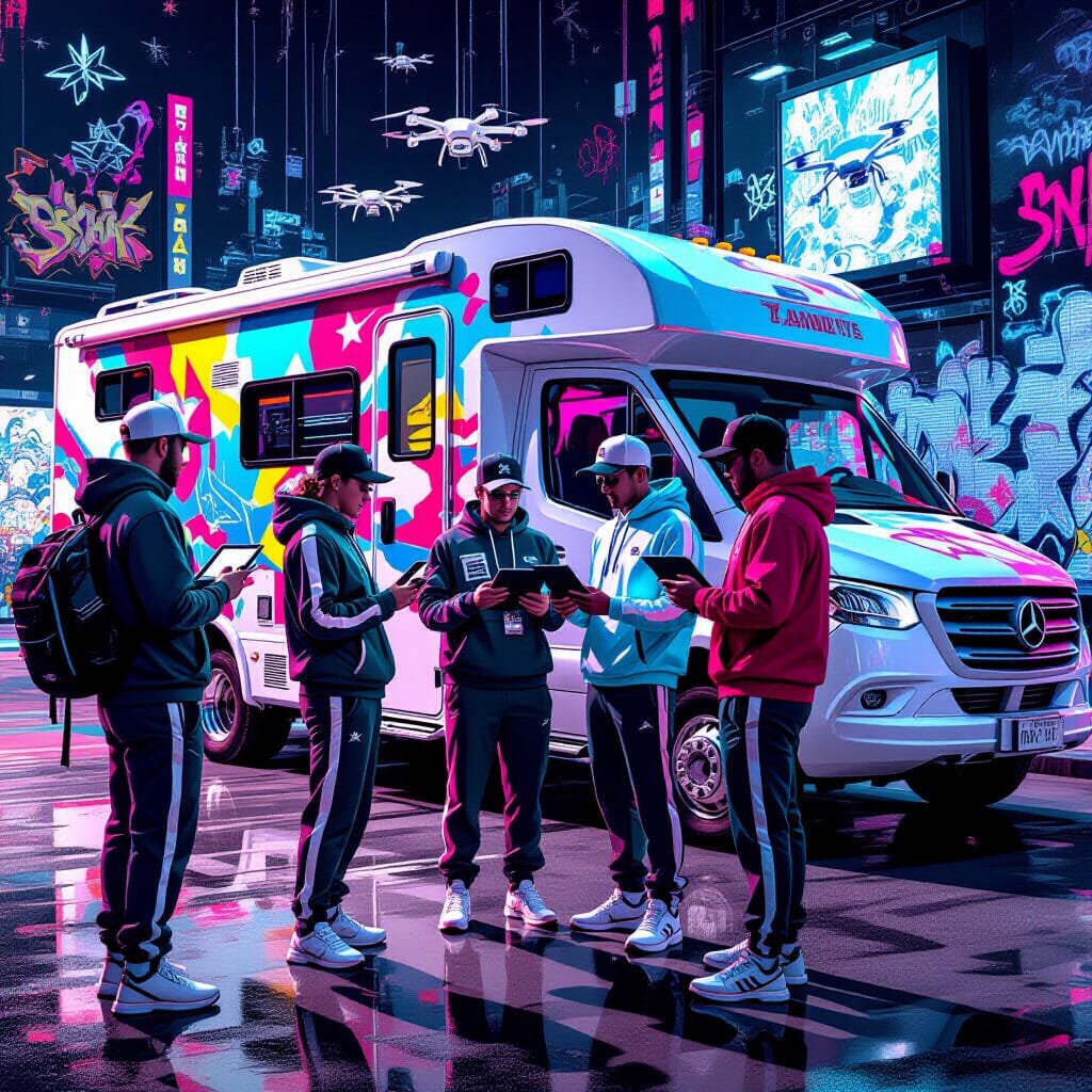 A vibrant scene depicting the transformation of the independent pharmaceutical and drug distribution industry in Britain, set against a backdrop of a colorful motor home. In the foreground, a group of chavs or travelers, dressed in stylish tracksuits and caps, showcase a blend of traditional street fashion and cutting-edge technology. They are engaged in discussions while surrounded by high-tech gadgets like tablets, drones, and digital screens displaying pharmaceutical data. The atmosphere is lively and energetic, with a mix of urban graffiti art and futuristic neon lights illuminating the scene. Capture the essence of resilience and innovation in a gritty yet hopeful urban setting, showcasing how AI is empowering this community in the evolving landscape of the industry. Hyper-detailed, dynamic composition, with an emphasis on facial expressions and interactions, to convey a sense of camaraderie and progress.