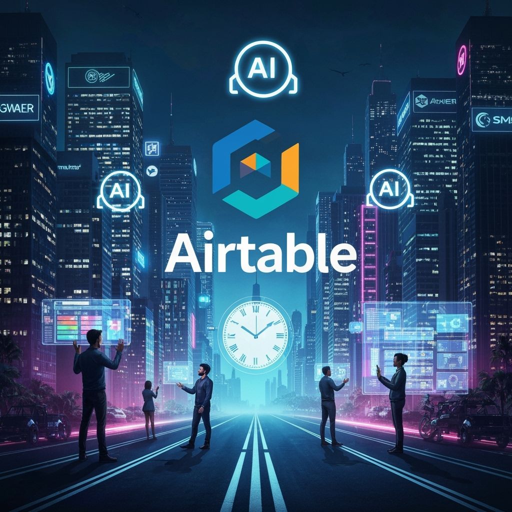 A visually striking editorial illustration depicting the theme of competition in the tech industry, focusing on Airtable's realization about their $400 million ARR amidst the rise of AI chatbots.