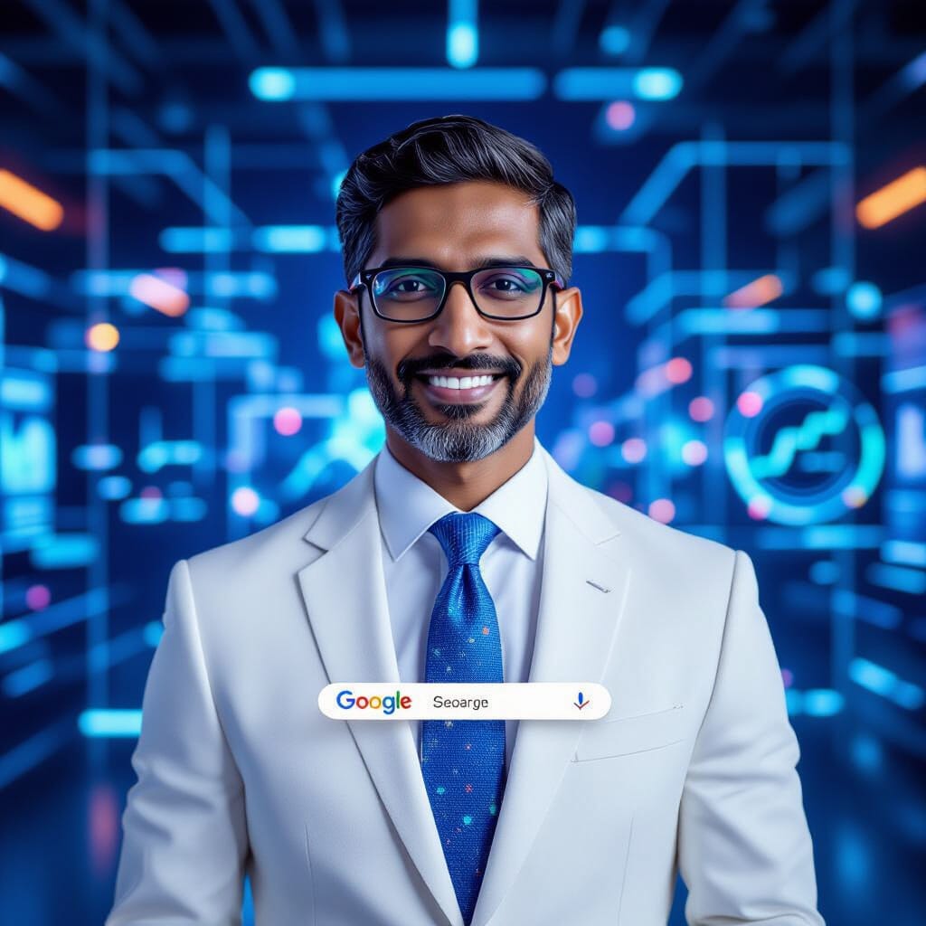 A portrait of Sundar Pichai, Google's CEO, dressed in a sleek white suit. His tie is creatively designed as a Google search bar, featuring vibrant colors and playful search terms. The background reflects a futuristic tech environment, with holographic displays and algorithmic patterns floating around him. The lighting is bright and modern, highlighting his thoughtful expression, symbolizing his lifelong journey with AI. The artwork blends elements of realism with a touch of digital art flair, showcasing intricate details in the suit and the search bar, while capturing the essence of innovation and leadership in the tech world.
