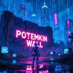 A thought-provoking digital artwork illustrating "The Great AI Reasoning Hoax," featuring a surreal and dystopian landscape representing Silicon Valley. The foreground shows a massive, cracked wall labeled "Potemkin Wall," symbolizing the illusion of progress in AGI development. In the background, towering skyscrapers made of circuit boards and neon lights reflect the dreams and ambitions of a $1 trillion industry. Incorporate abstract representations of AI and technology, such as humanoid robots with exaggerated features, glitching screens, and binary code cascading down like rain. Include subtle hints of nature reclaiming the space, like vines growing over the tech structures, to symbolize the tension between nature and artificial intelligence.