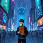 A thought-provoking illustration for "The Great Intelligence Leveling: How AI Companies Discovered the Genius of Making Humans Dumber." The scene depicts a dystopian urban landscape dominated by towering screens displaying AI-driven advertisements that manipulate and distract the public. In the foreground, a crowd of people with blank expressions, their eyes glazed over as they interact with their devices—some wearing VR headsets, others scrolling mindlessly on smartphones. A central figure, a young person with a look of confusion, stands out, holding a book titled "Critical Thinking" that contrasts sharply with the technology around them. In the background, a giant AI figure looms, partially obscured by shadows, with circuitry patterns glowing in a menacing neon blue. The city is bathed in a blend of dark and vibrant colors, showcasing a stark contrast between the allure of technology and the bleakness of human disconnection. The overall mood is one of eerie fascination, with cinematic lighting highlighting the stark realities of reliance on AI. Hyper-detailed elements like graffiti on walls commenting on society's dependence on technology add depth, while a misty atmosphere creates a sense of foreboding. Digital art style, reminiscent of trending pieces on platforms like ArtStation, with a focus on realism and intricate details.