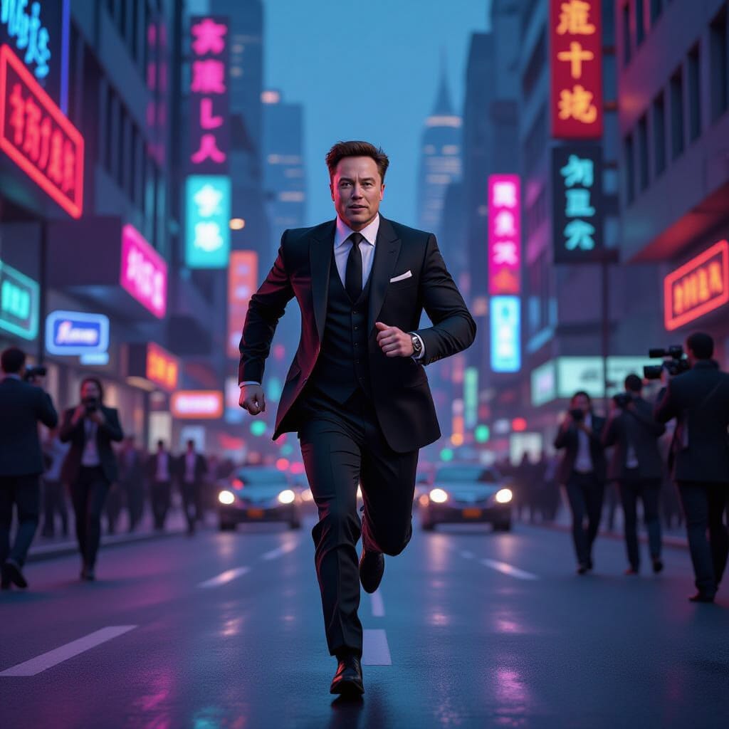 A dynamic scene depicting Elon Musk in a stylish suit, reminiscent of the 1960s aesthetic from "Catch Me If You Can," sprinting through a bustling urban street. His expression is a mix of determination and amusement as he glances over his shoulder at a crowd of angry investors, their faces twisted in frustration, waving papers and smartphones. Surrounding him, tech journalists with cameras and admirers trying to catch a glimpse, creating an atmosphere of chaos and excitement. The background features neon signs and futuristic buildings, blending elements of modern technology with a retro vibe. The artwork should be highly detailed, capturing the intensity of the moment with dramatic lighting and motion blur effects, evoking a cinematic quality reminiscent of a high-stakes chase scene.