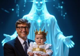 Bill Gates holding a baby with a crown, a symbol for content is King, but, now, context is god as written by Simba Mudonzvo for TechOnion