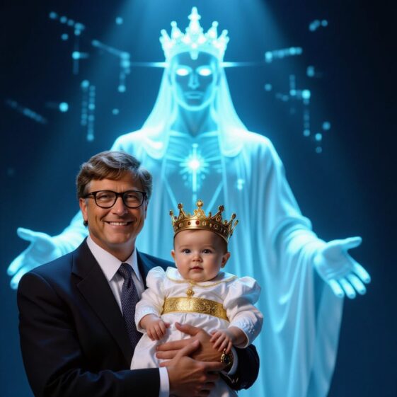 Bill Gates holding a baby with a crown, a symbol for content is King, but, now, context is god as written by Simba Mudonzvo for TechOnion